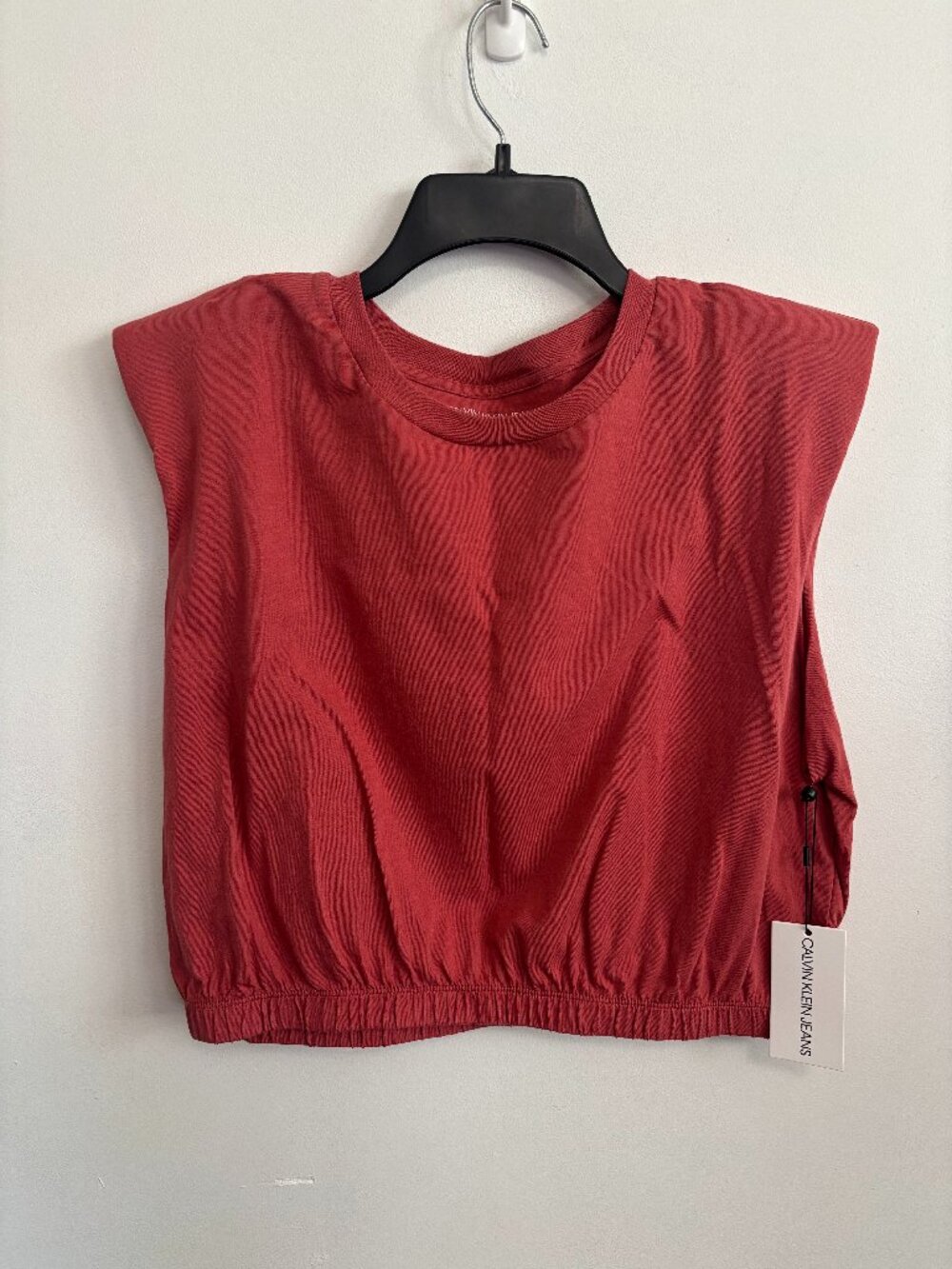 Calvin Klein Crop Top XL NWT Shoulder Pad Banded Hem Tee